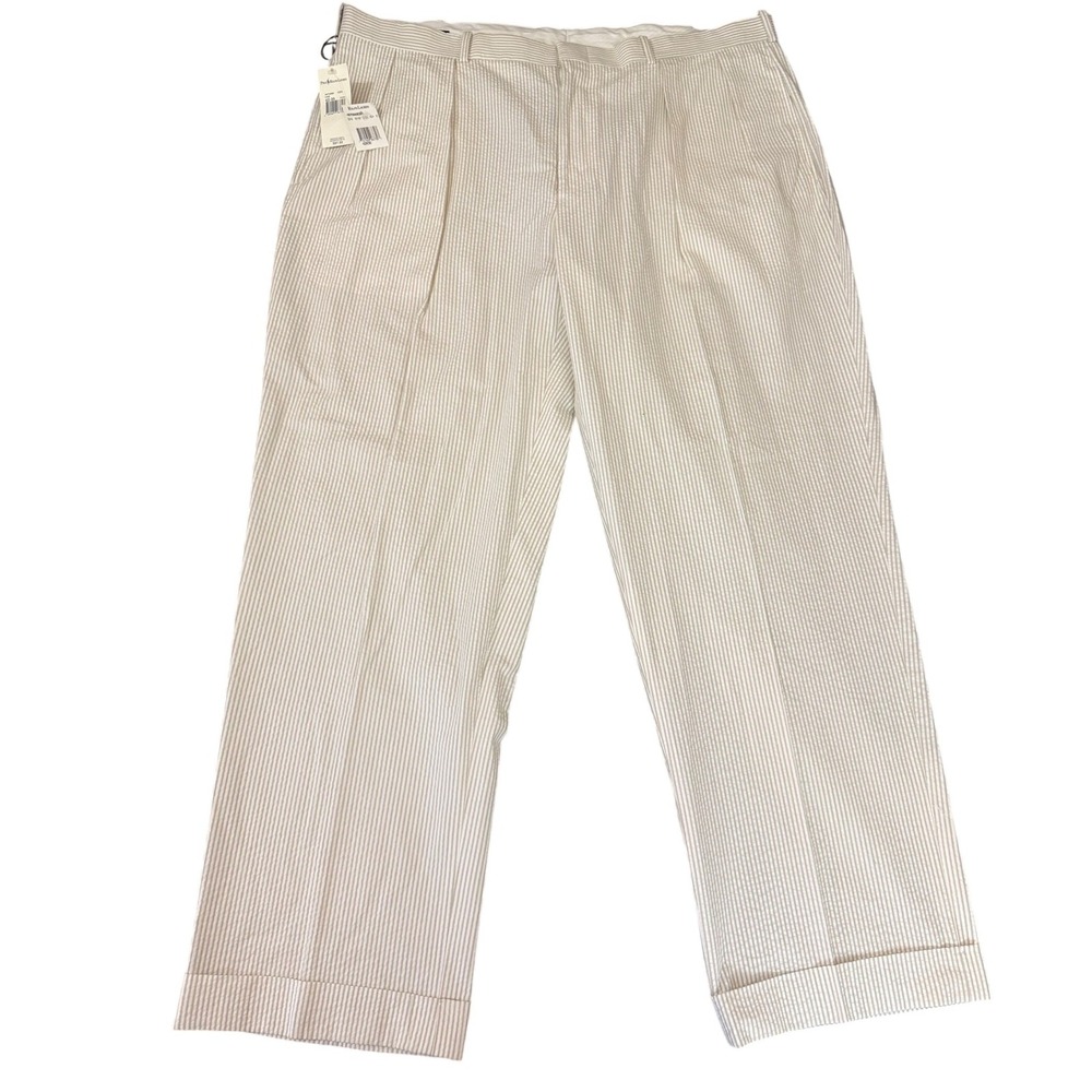 Polo Ralph Lauren Mens Seersucker Striped Pleated Cuffed Pants 42x30 Tan White